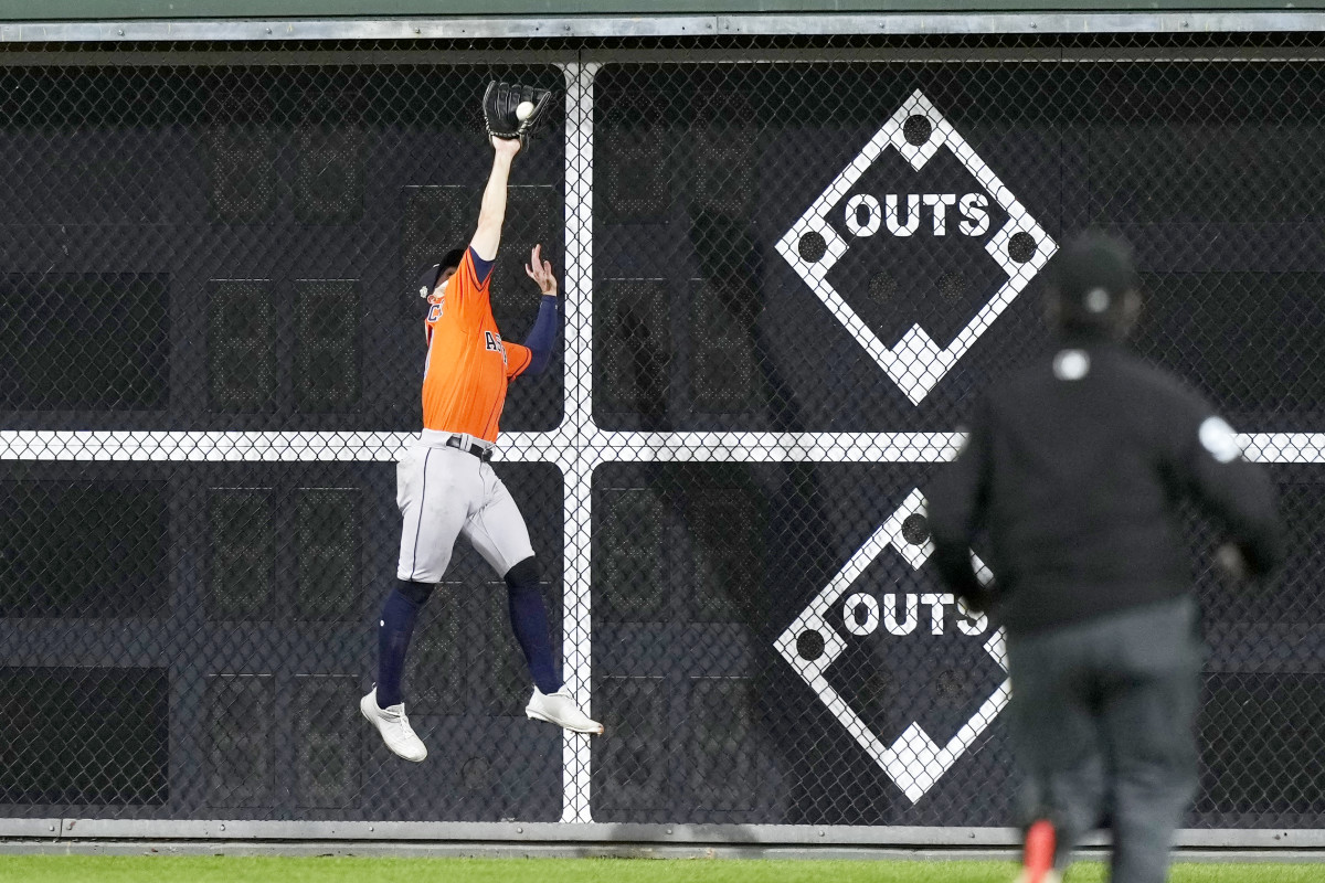 Astros center fielder Chas McCormick makes an incredible leaping catch in the ninth inning of World Series Game 5 against the Phillies.